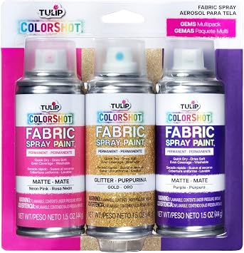 TULIP ColorShot Fabric Spray Paint, 3 Pack Jewel Tone Gem Colors Neon Pink, Glitter Gold, Purple