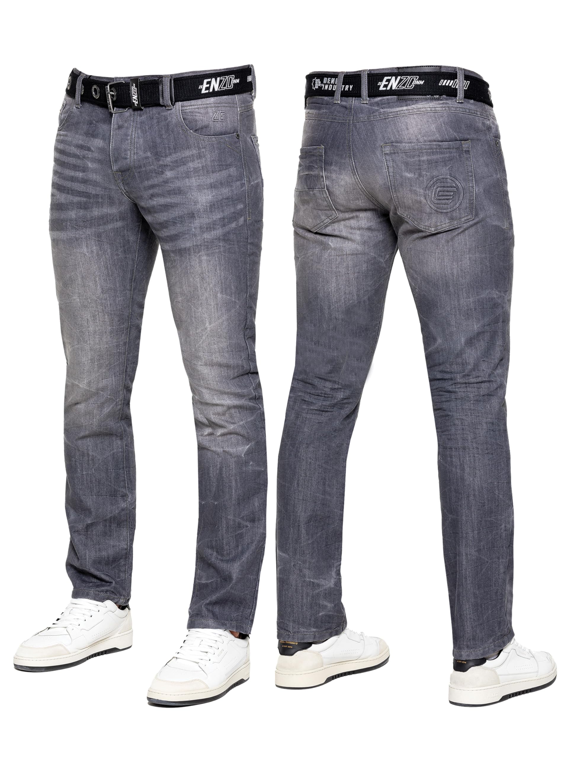 989Zé Enzo Men's Grey Jeans Classic Straight Leg Casual Cotton Regular Fit Denim Pants Free Belt Ez384 38W / 34L