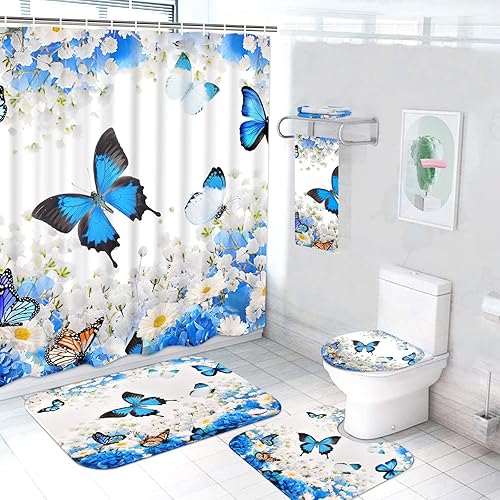 Ikfashoni 7 Pcs Flower Butterfly Shower Curtain Set with Rugs and Towels, Non-Slip Rug, Toilet Lid Cover, Bath Mat and Microfiber Towels, Blue Floral Shower Curtain with 12 Hooks, Large