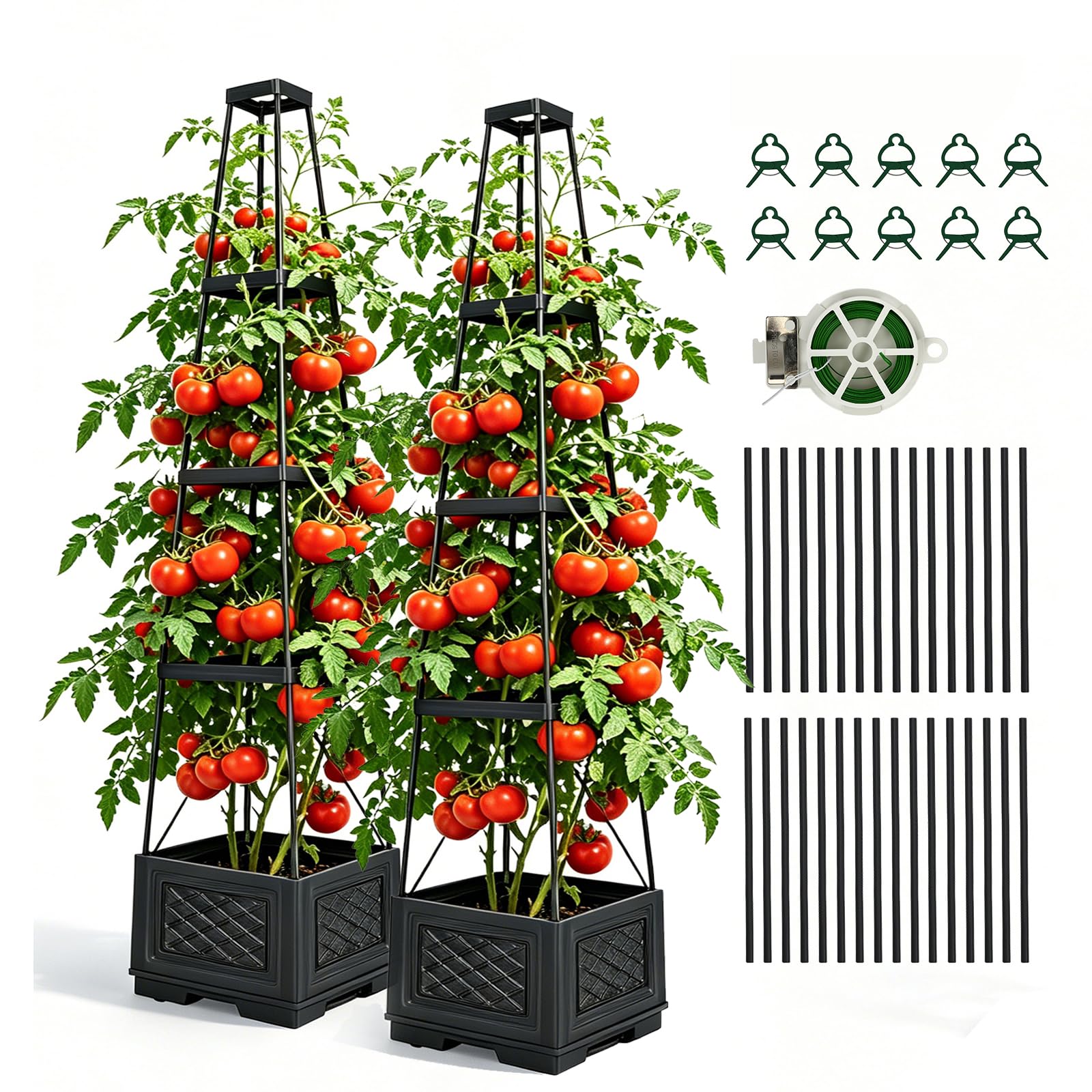 2pcs Raised Garden Bed Planter Box with Trellis, 4Tier 140cm Self-Watering Tomato Planter with Water Level & Drip Tray, Trapezoid Anti-UV Planter for Climbing Vegetables Flowers Indoor Outdoor Use
