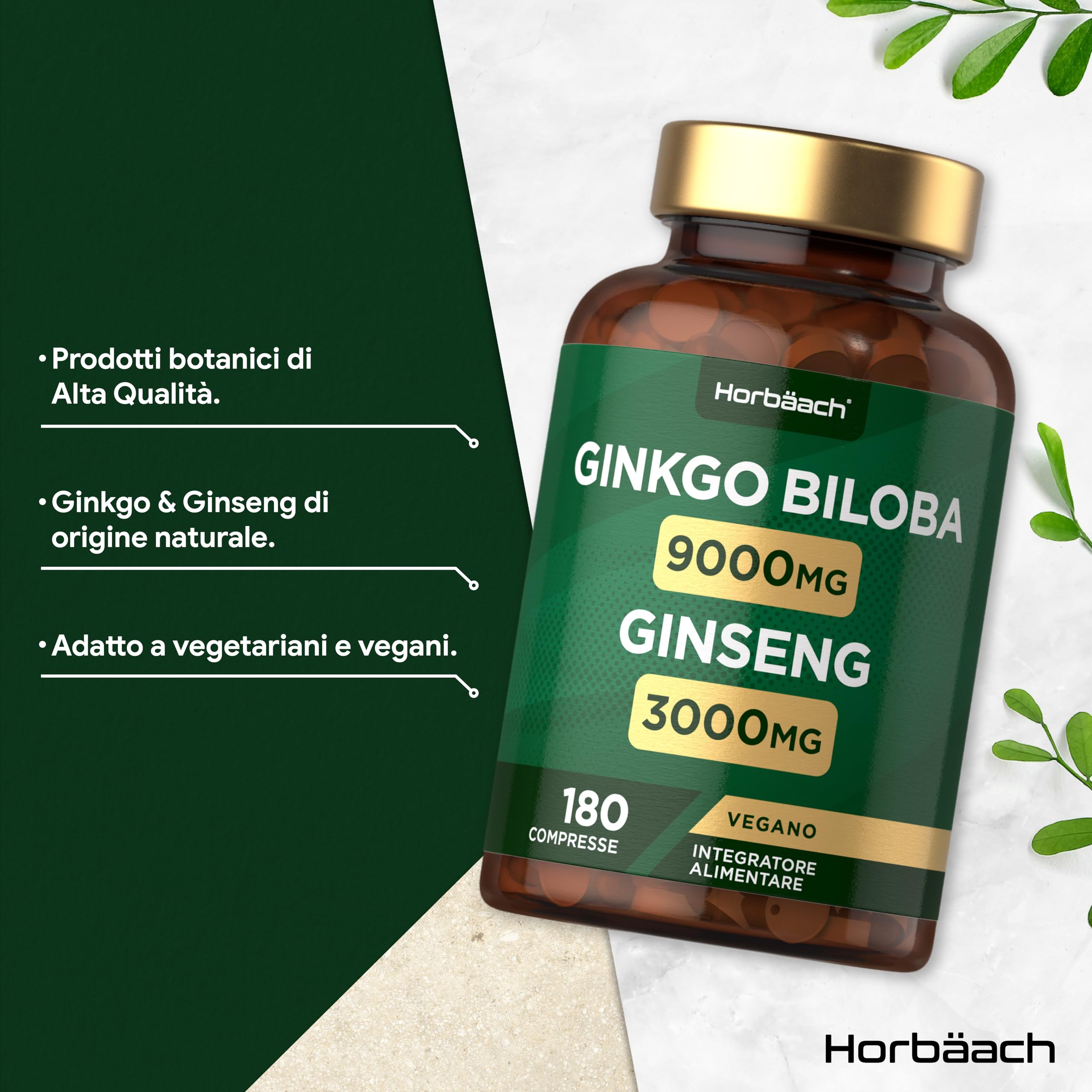 Ginkgo Biloba e Ginseng Integratore 12000mg | 180 Compresse Vegane | Ginkgo 9000 mg e Radice di Ginseng Coreano 3000 mg | di Horbaach