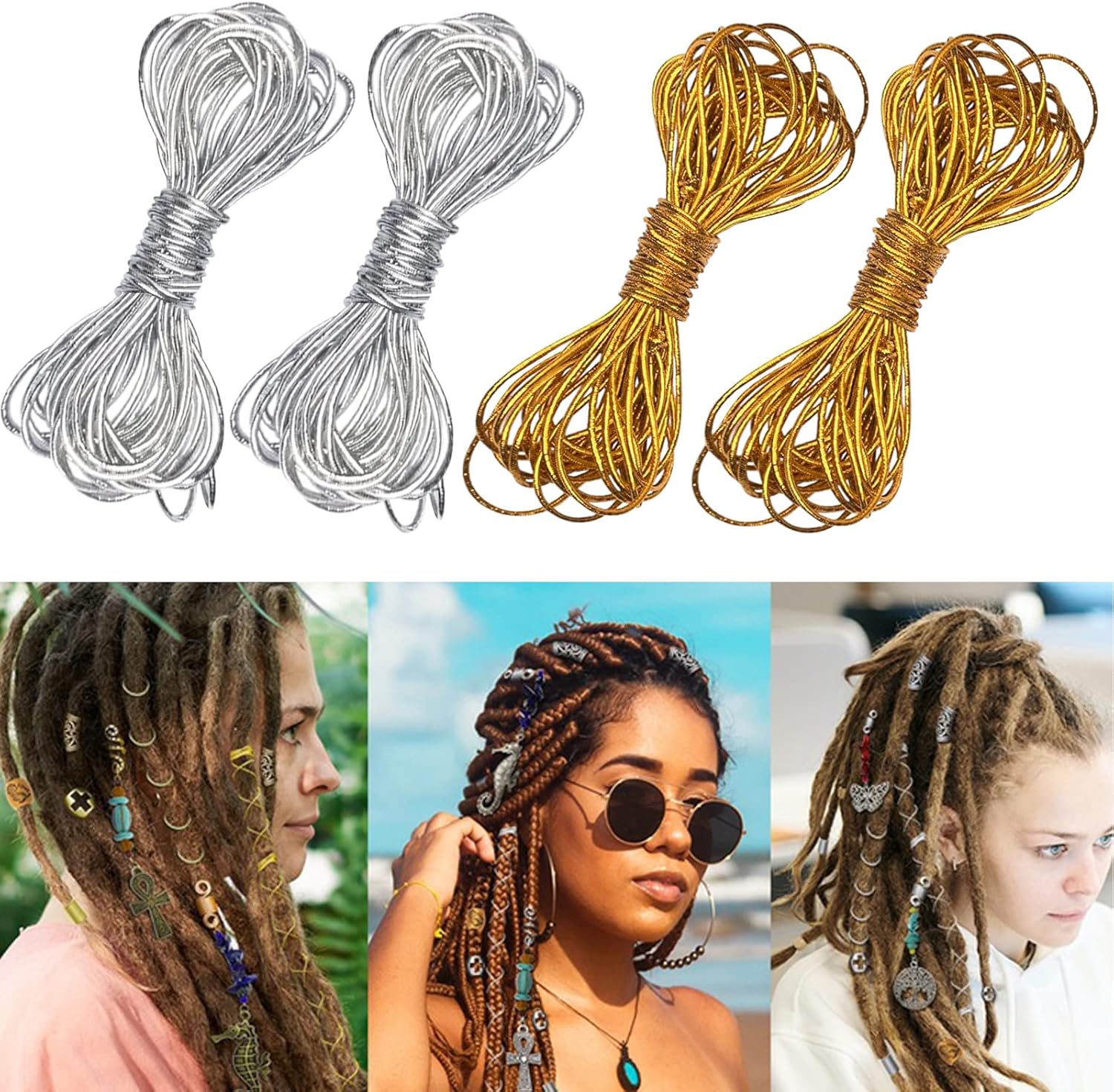 4 Pack 5M Metallic Tinsel Elastic Cords Dreadlock Braiding Rope for