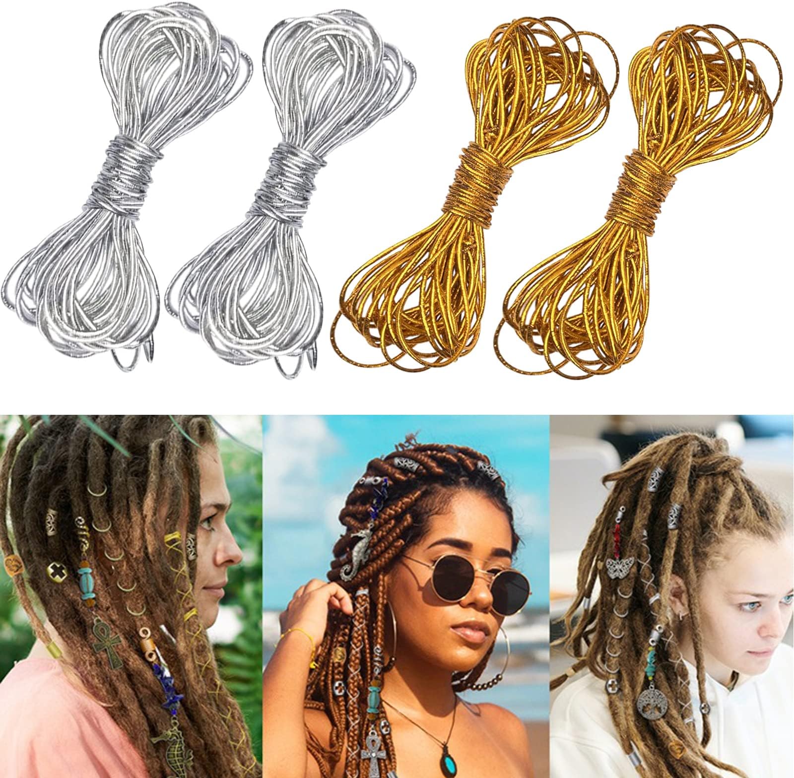 4 Pack 5M Metallic Tinsel Elastic Cords Dreadlock Braiding Rope for Hair Braiding, Ornament Hanging, Decorating, Gift Wrapping (Gold and Silver)