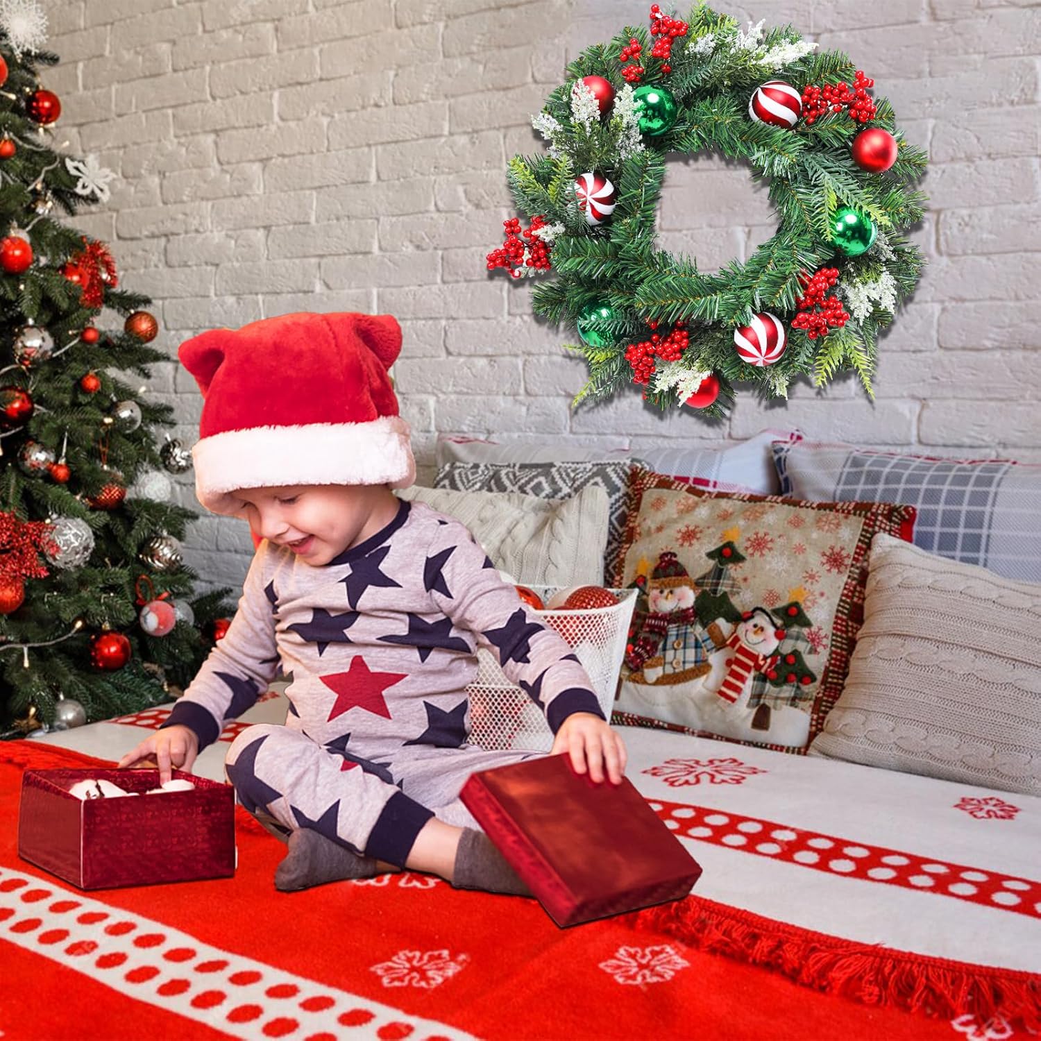 Yinns 20 Inch Large Pre-Lit Christmas Wreath with Light for Front Door with LED Lights for Indoor Outdoor Window Fireplace Home Decoration