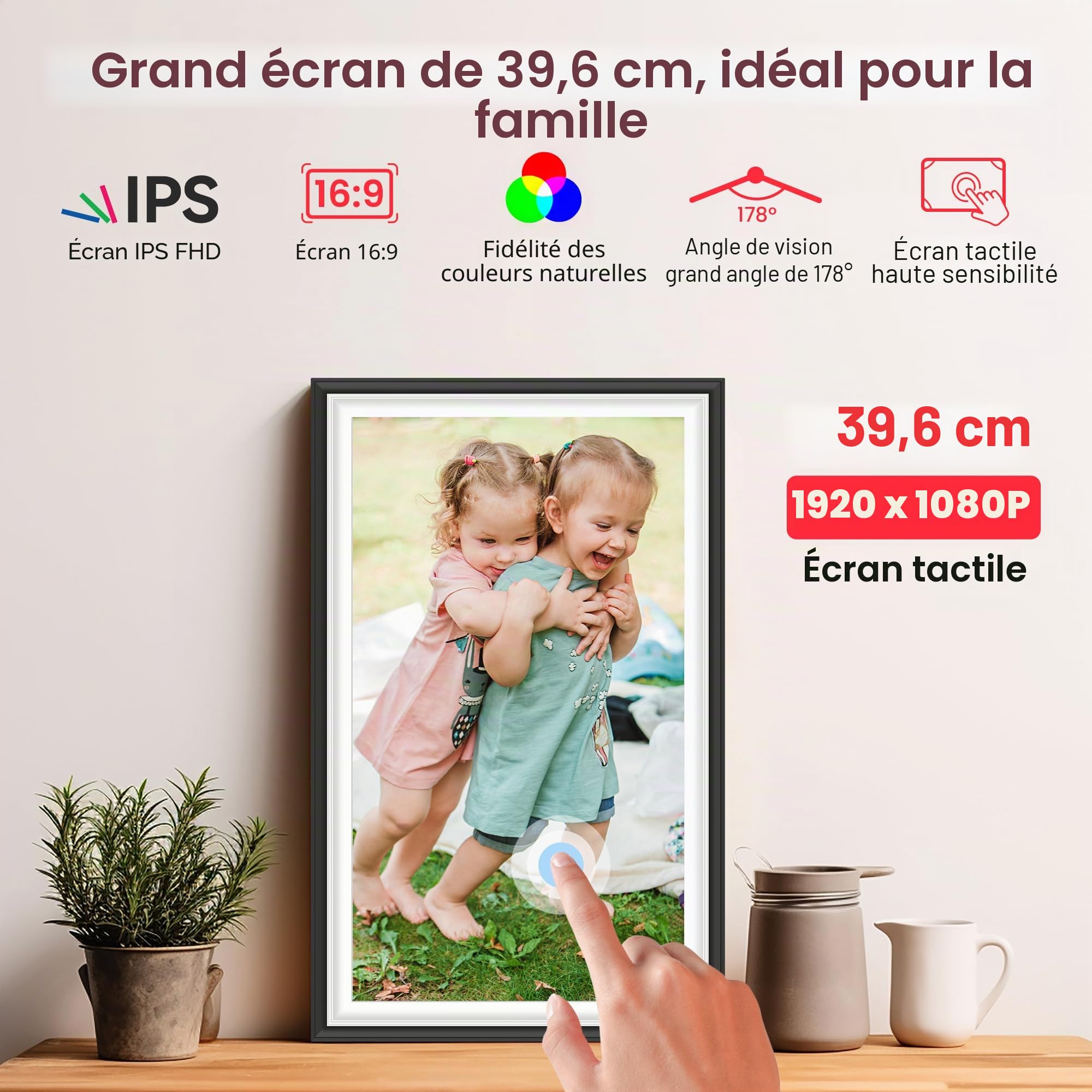 Frameo Cadre Photo Numérique 15.6 Pouces, Écran Tactile IPS 1920 x 1080, Mémoire 32 Go, Rotation Automatique, Cadre Photo Numérique Electronique, Partage Photo/Vidéo Instantané (Blanc et