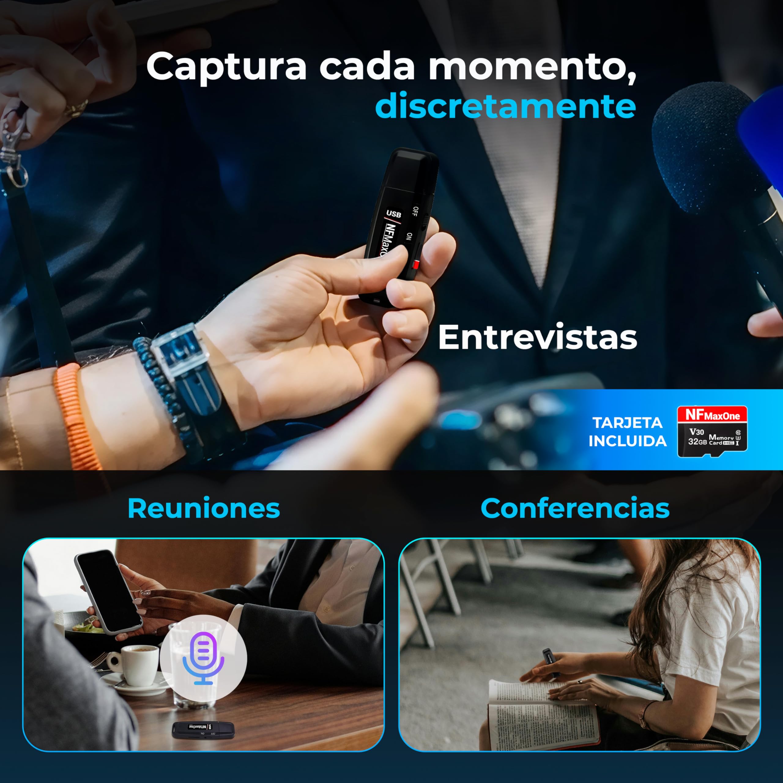 Grabadora de Voz Espia Digital con MicroSD de 32 GB incluida | Mini Grabadora de Audio Ideal para Reuniones, Entrevistas, Clases | Grabadora USB Espia Portatil con hasta 500 Horas Grabación ST