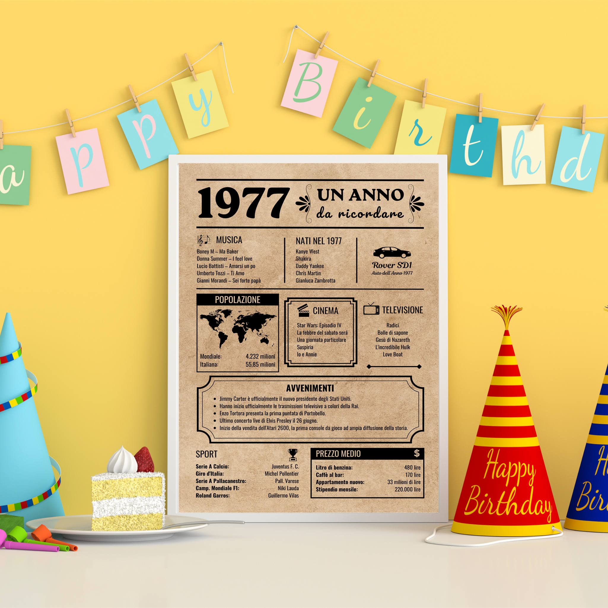EQUIK PRODUCTS Biglietto Auguri Compleanno 1977 | Regalo Compleanno Originale | Giornale Vintage | Compleanno Uomo | Compleanno Donna | Decorazioni Feste (1977)
