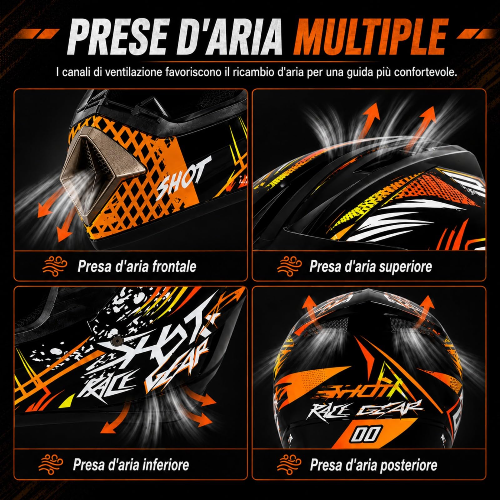 Set Casco Cross Integrale nero e arancione con Occhiali e Guanti