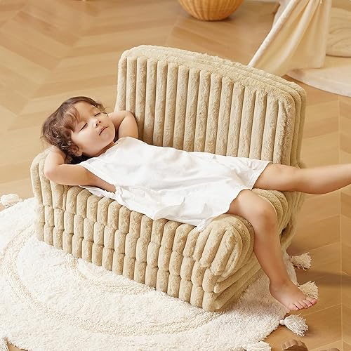Miniatura 7 de ROBUD Silla para niños pequeños, sofá plegable 2 en 1, sofá convertible a tumbona con felpa de conejo, esponja de alta resistencia y bolsillo de