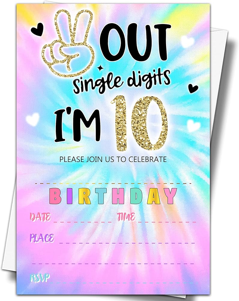 Amazon.com : YSTEP Tie Dye 10th Birthday Party Invitations, 20 Invite Cards with Envelopes, 4