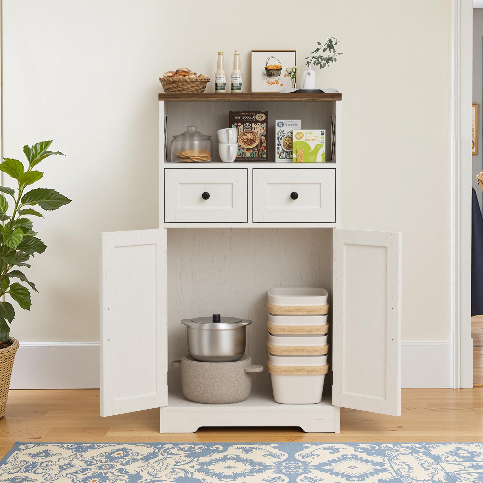 BonVache Sideboard, Küchenschrank mit Schubladen, Aufbewahrungsschrank, Anrichte mit Offenem Regal, Kaffeebar Schrank für Küche, Esszimmer, Wohnzimmer, 58 x 29 x 108cm, Weiß