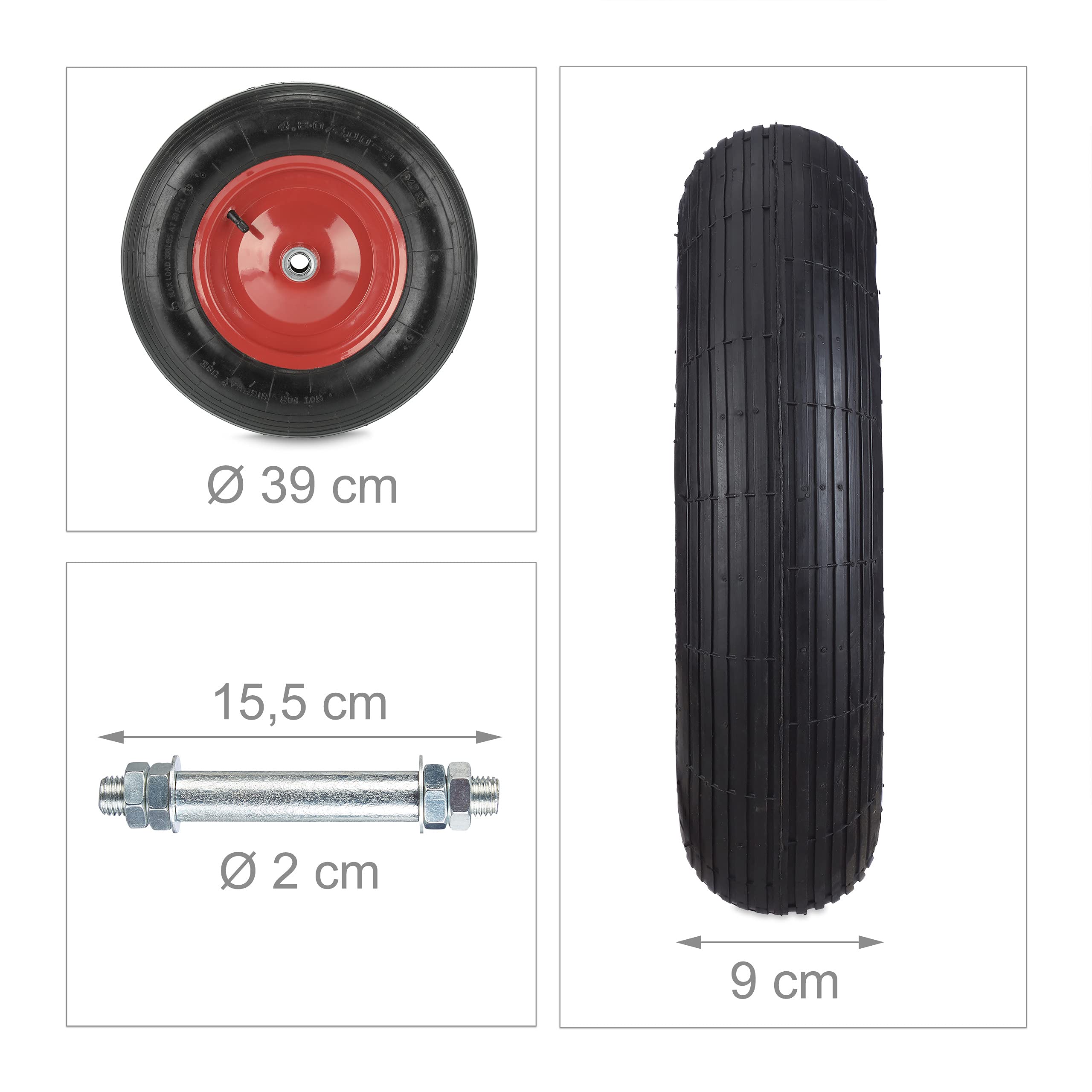 Relaxdays Schubkarrenrad 4.80 4.00-8, luftbereift, Stahlfelge, mit Achse, 4 PR Ersatzrad Schubkarre, 120 kg, schwarz/rot