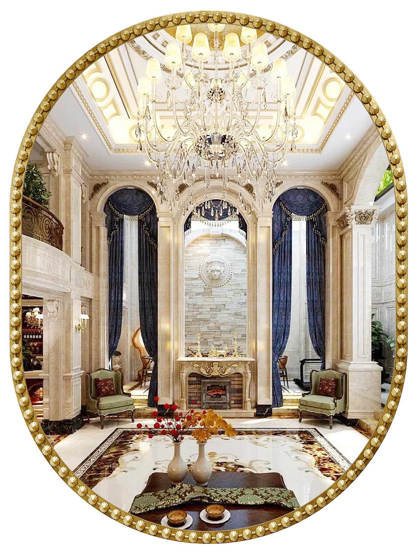 Oval Mirror for Wall, Gold Oval Bathroom Mirror, Antigue Gold Vanity Mirrors, Metal Floral Frame Mirror for Bedroom Living Room Hallway, Hangs Horizontally or Vertically