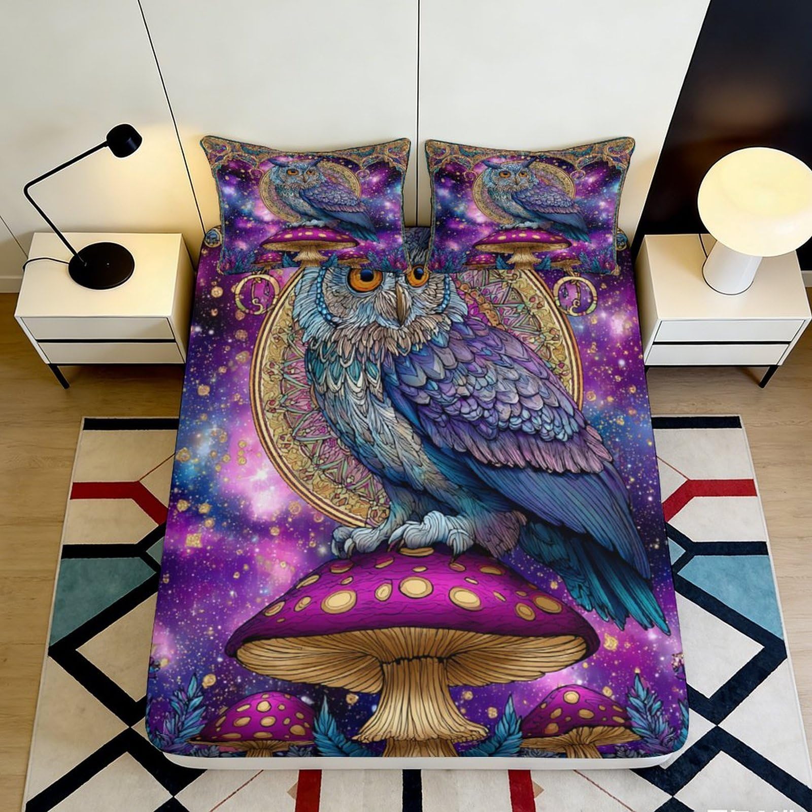 3D Printed owl galay Fitted Sheet with mushroom pattern, soft touch Microfiber, wrinkle resistant, bedroom decor, apartment bedding, easy care, anti-slip 160x200x25cm