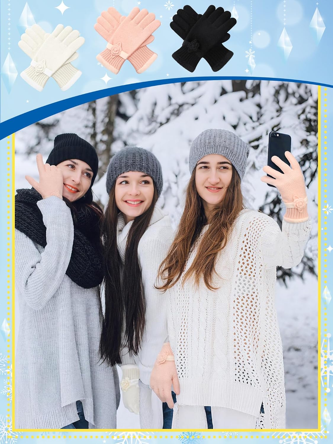 Geyoga 3 Pairs Winter Warm Gloves for Women Floral-cuff Knit Gloves Pink Black White Cozy Winter Wear Winter Warm Gift for Women - Image 4