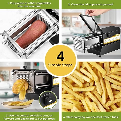 Miniatura 7 de Flyseago Cortador de patatas fritas eléctrico de acero inoxidable profesional con 2 cuchillas para uso comercial doméstico y pepinos zanahorias