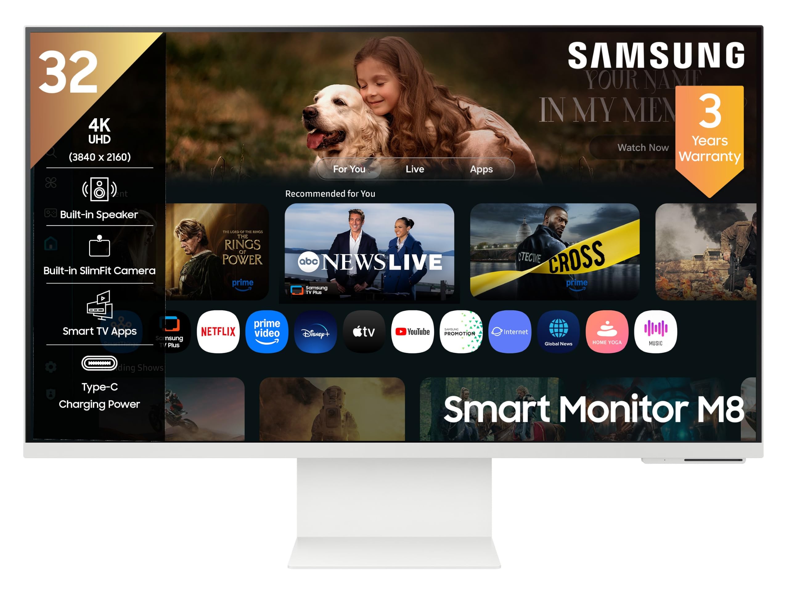 Samsung 32" (80 cm) 4K M8 Vision AI Smart Monitor|UHD 3840 x 2160|Smart TV Experience with AI|Slimfit Camera|Type-C|Apple AirPlay|Gaming Bar|Remote|Speakers|Wi-Fi|Bluetooth|LS32FM801UWXXL|White