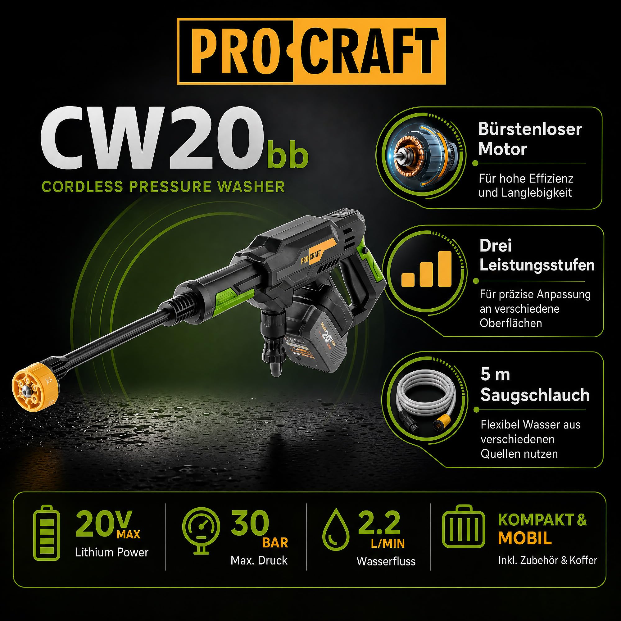 Procraft CW20bb akumulatorowa myjka wysokociśnieniowa, 20 V, 30 bar, 180 l/h, bezszczotkowa + walizka – bez akumulatora, bez ładowarki