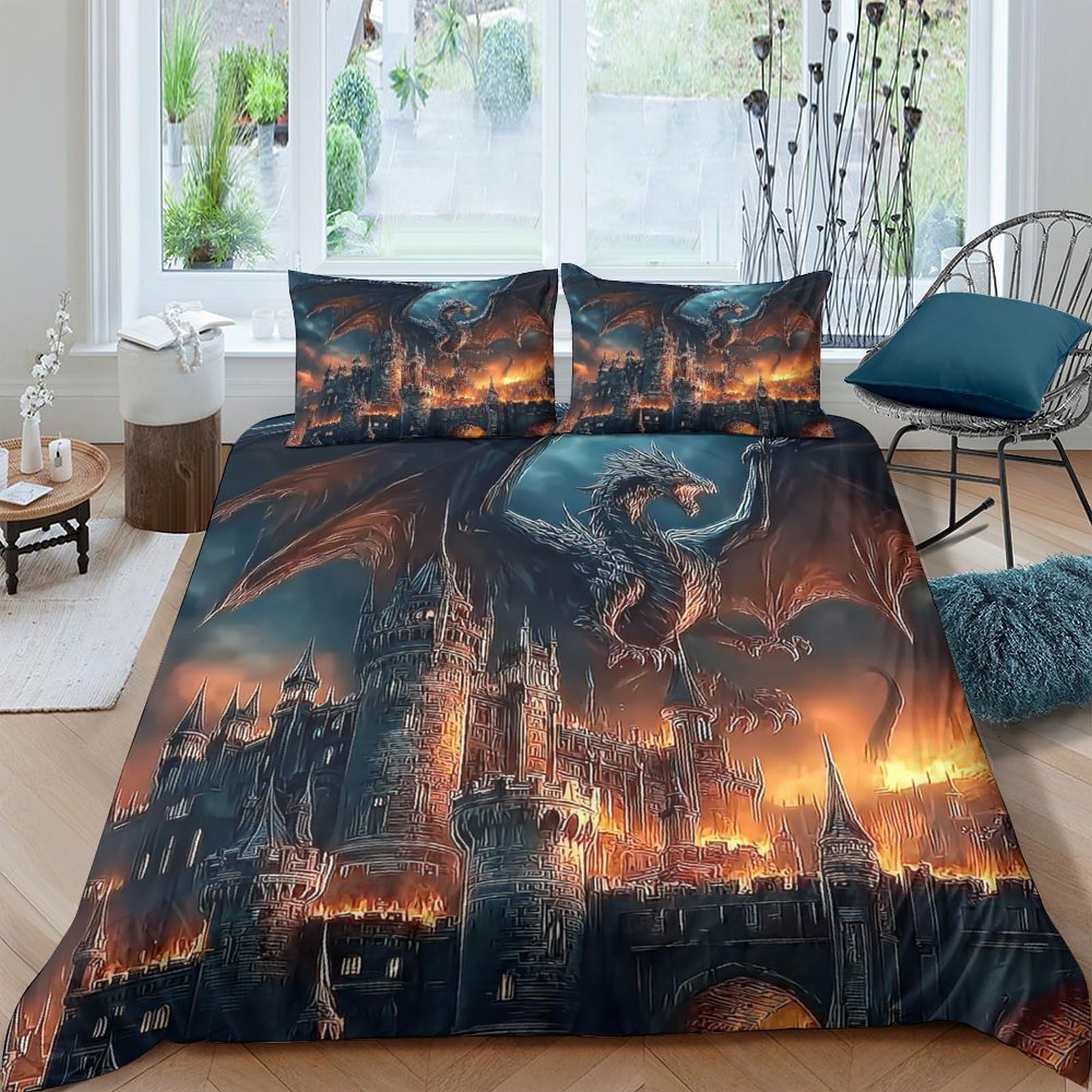 Ctjqhvkz Style-5 3D Printed Dark Dragon Castle Fitted Sheet Microfiber Soft Medieval Fantasy Bed Cover For Bedroom Dorm Decor Single（135X200cm）