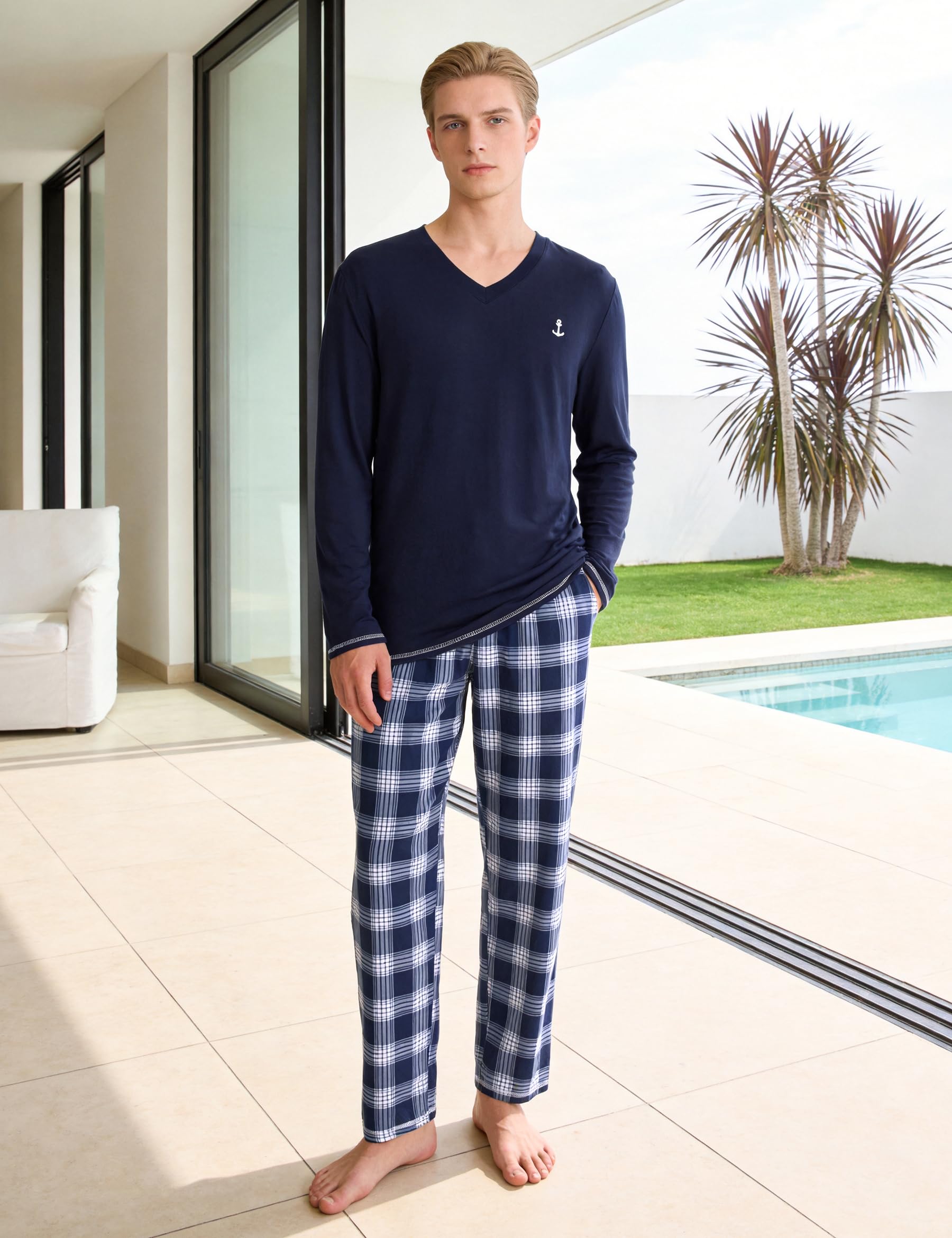 Marvmys Pijamas Hombre Invierno Largo Conjunto Algodón Cuello en V Manga Larga Tops Pijama Pantalones con Bolsillo