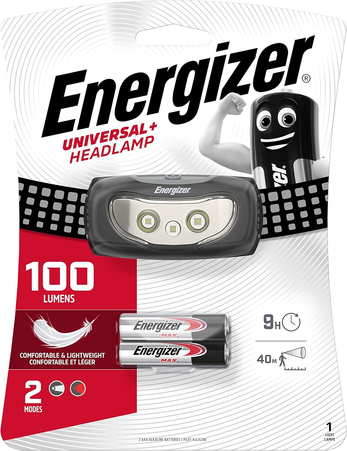 Energizer - Frontal Deportivo de 100 lúmenes Funciona con 2 Pilas AAA, con almohadillo Que facilita un ajusto ergonómico cómodo, Cabeza pivotante y Cinta elástica Ajustable