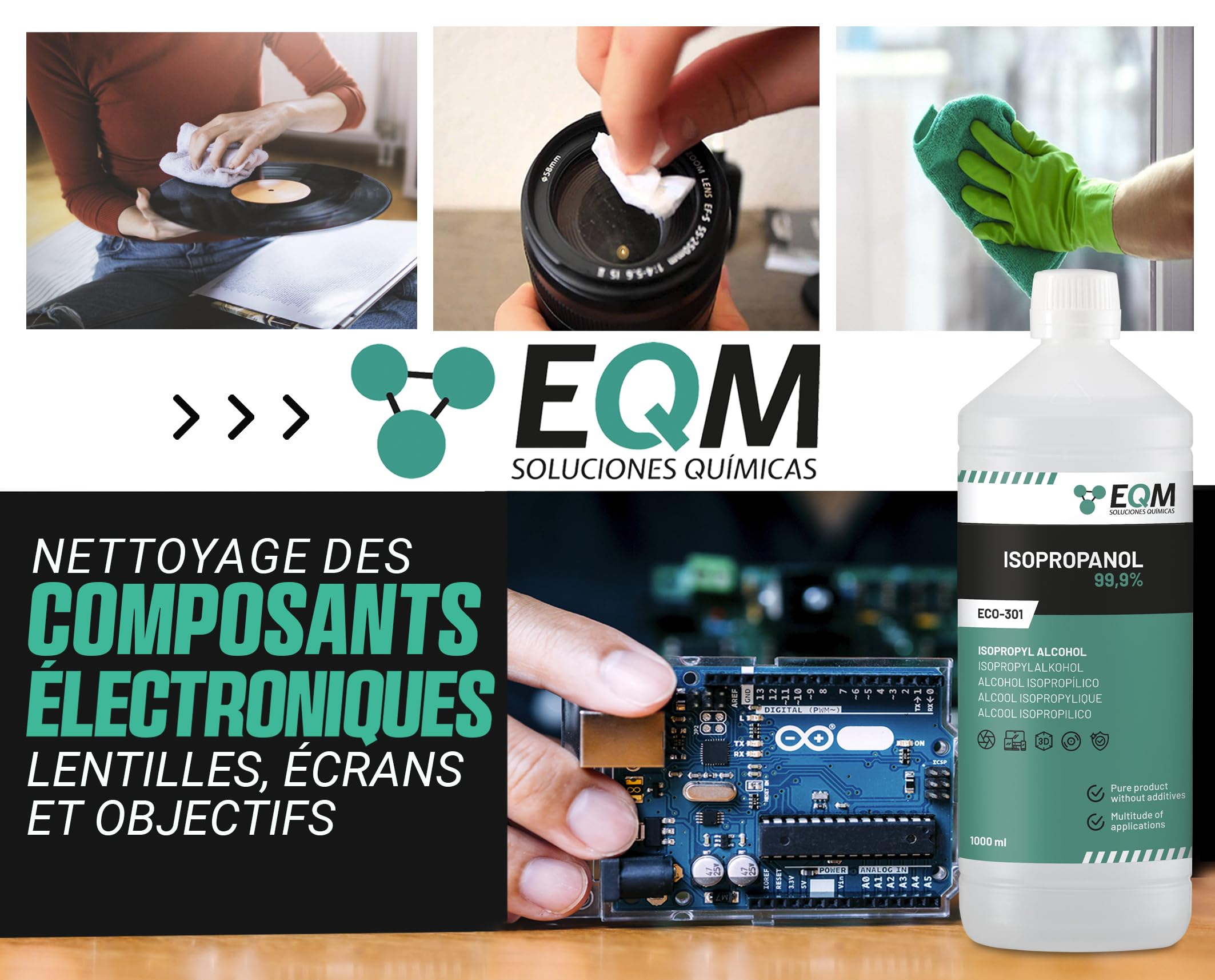 EQM - ECO-301 - Alcool Isopropylique Pur à 99,9% - 3x1L - Nettoyage de composants électroniques, objectifs et écrans - Nettoyage des résines d'impression 3D