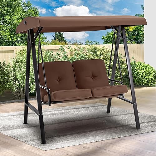 Miniatura 6 de AECOJOY Silla columpio de patio al aire libre de 2 asientos, columpio con cojines extraíbles y toldo ajustable y marco de acero para jardín, porche,