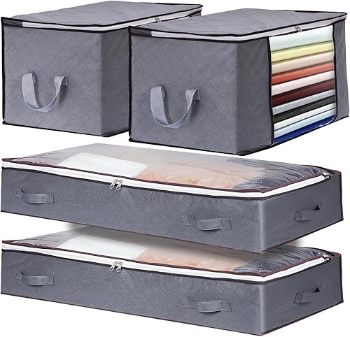 Juego de 4 bolsas de almacenamiento, 84 L, contenedores de almacenamiento debajo de la cama de 90 L, organizador de armario plegables para ropa,