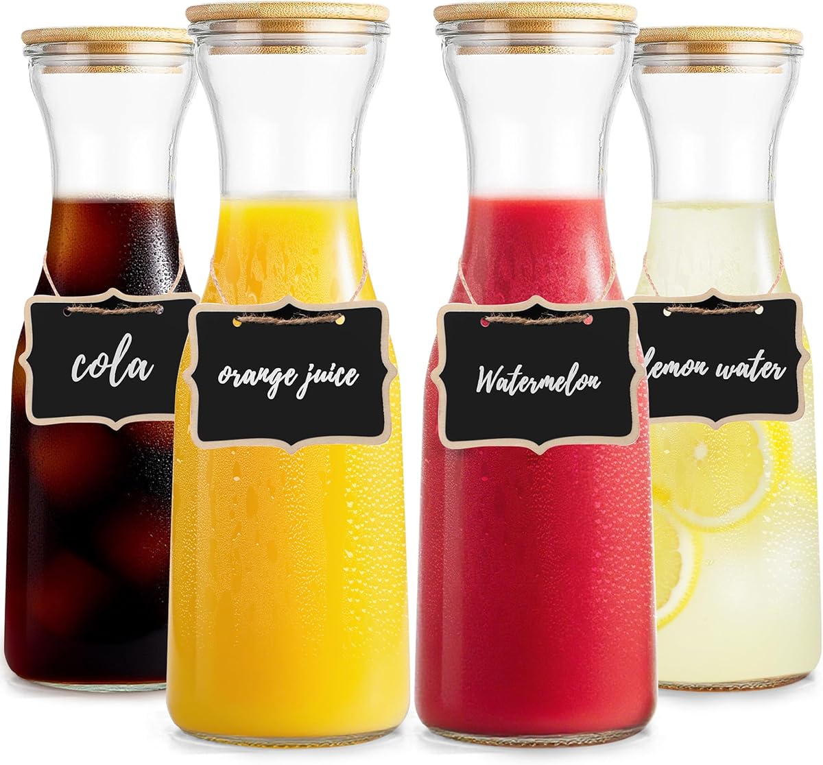 Glass Carafe with Bamboo Lid, Round 35 Oz Beverage Dispensers Carafe, Mimosa Bar Supplies, Round Clear Glass Pitcher with Name Labels for Iced Tea, Coffee, Juice(Set of 4)