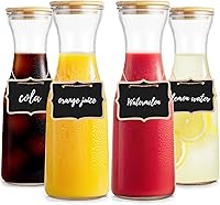 Tinaforld 35oz Glass Carafe with Bamboo Lid & Writable Labels - Set of 4 Round 1L Pitchers for Mimosas, Iced Tea, Juice
