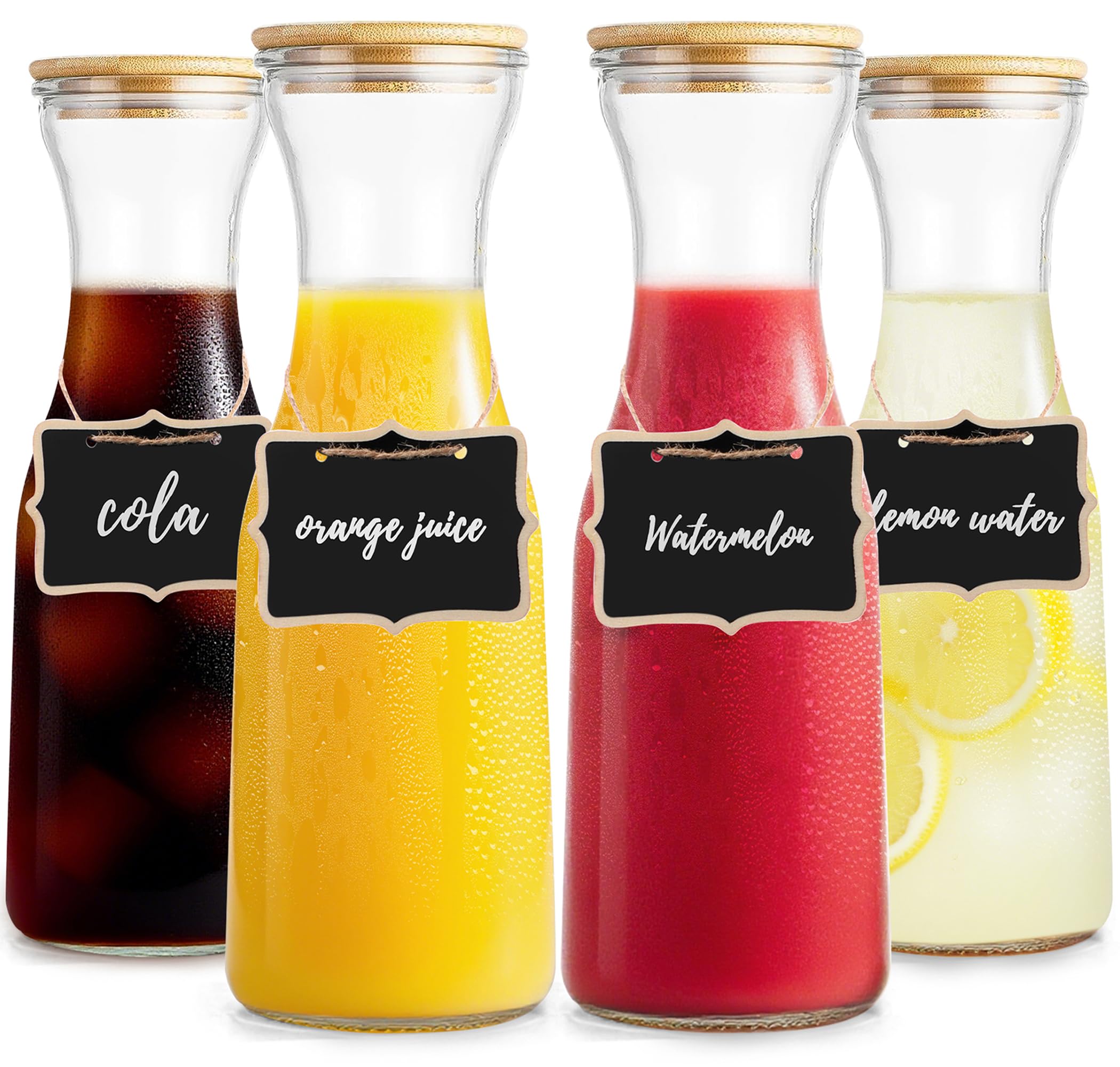 Photo 1 of Glass Carafe with Bamboo Lid, Round 35 Oz Beverage Dispensers Carafe, Mimosa Bar Supplies, Clear Glass Pitcher with Name Labels for Iced Tea, Coffee, Juice(Set of 4)
