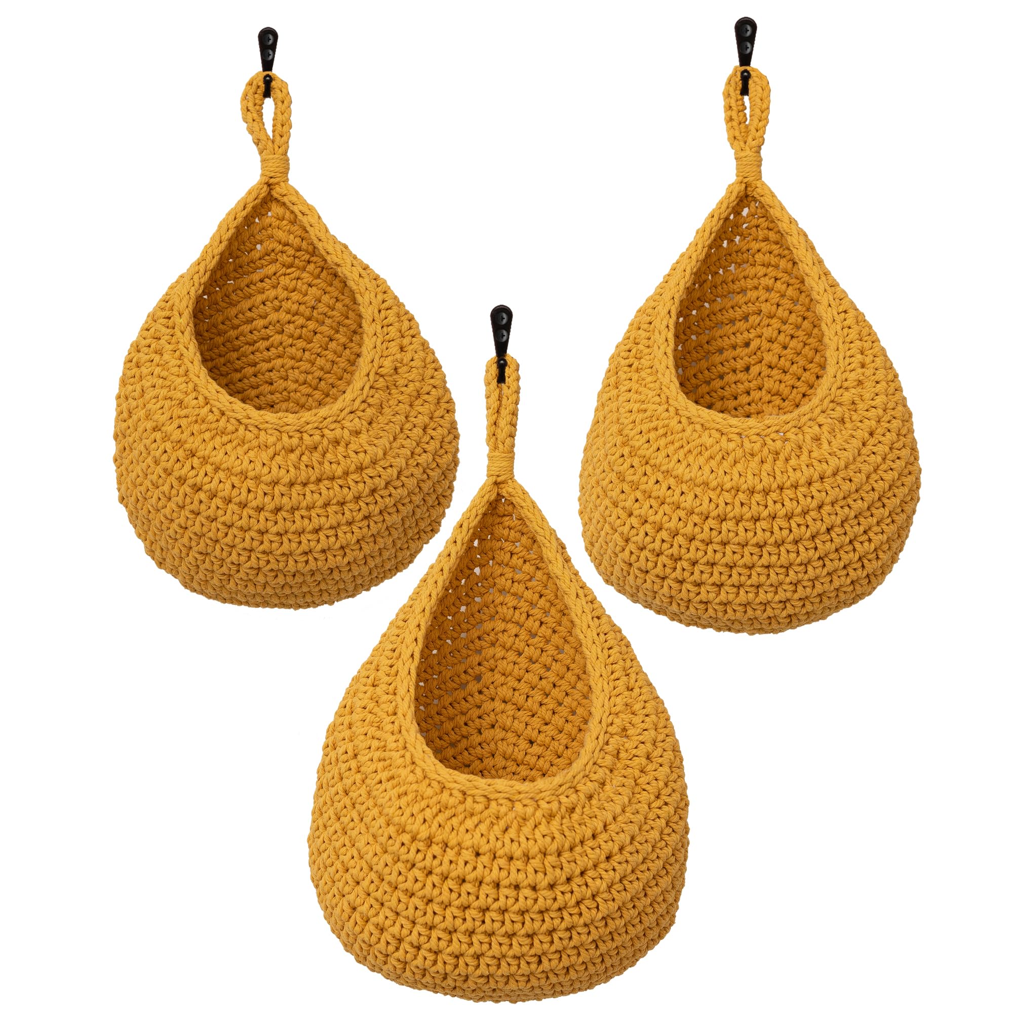 Boho Teardrop Wall Hanging Fruit Basket - Bohemian Odorless Small, Medium & Large Hanging Vegetable Baskets for Kitchen & Home Storage - Versatile Hand Woven Plant Basket Holder - Set of 3, Yellow