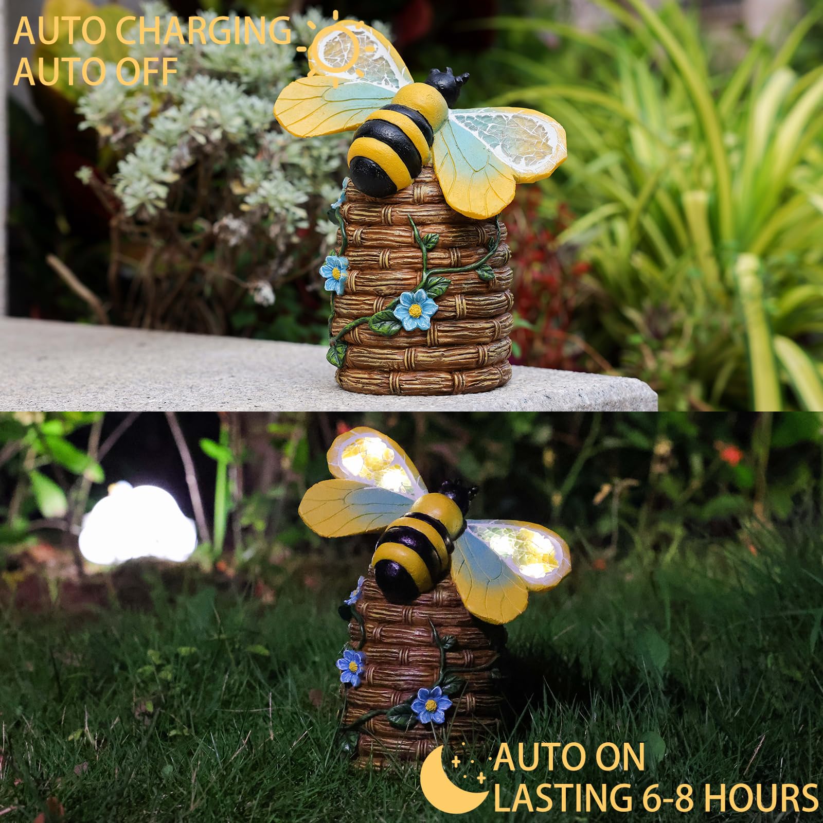 Estatua de jardín de abejas solares para exteriores, figura de abejorro con luz solar para patio, balcón, patio, adorno de césped, regalo perfecto para el jardín