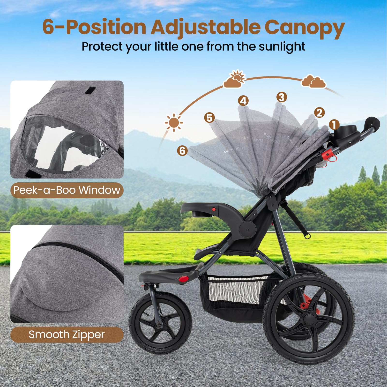 BABY JOY Jogging Stroller, Foldable Jogger Stroller with Adjustable Canopy & Backrest, Air-Filled Tires, Child & Parent Tray, Cup Holders, Storage Basket, Running Stroller for Babies Toddlers (Gray) : Baby