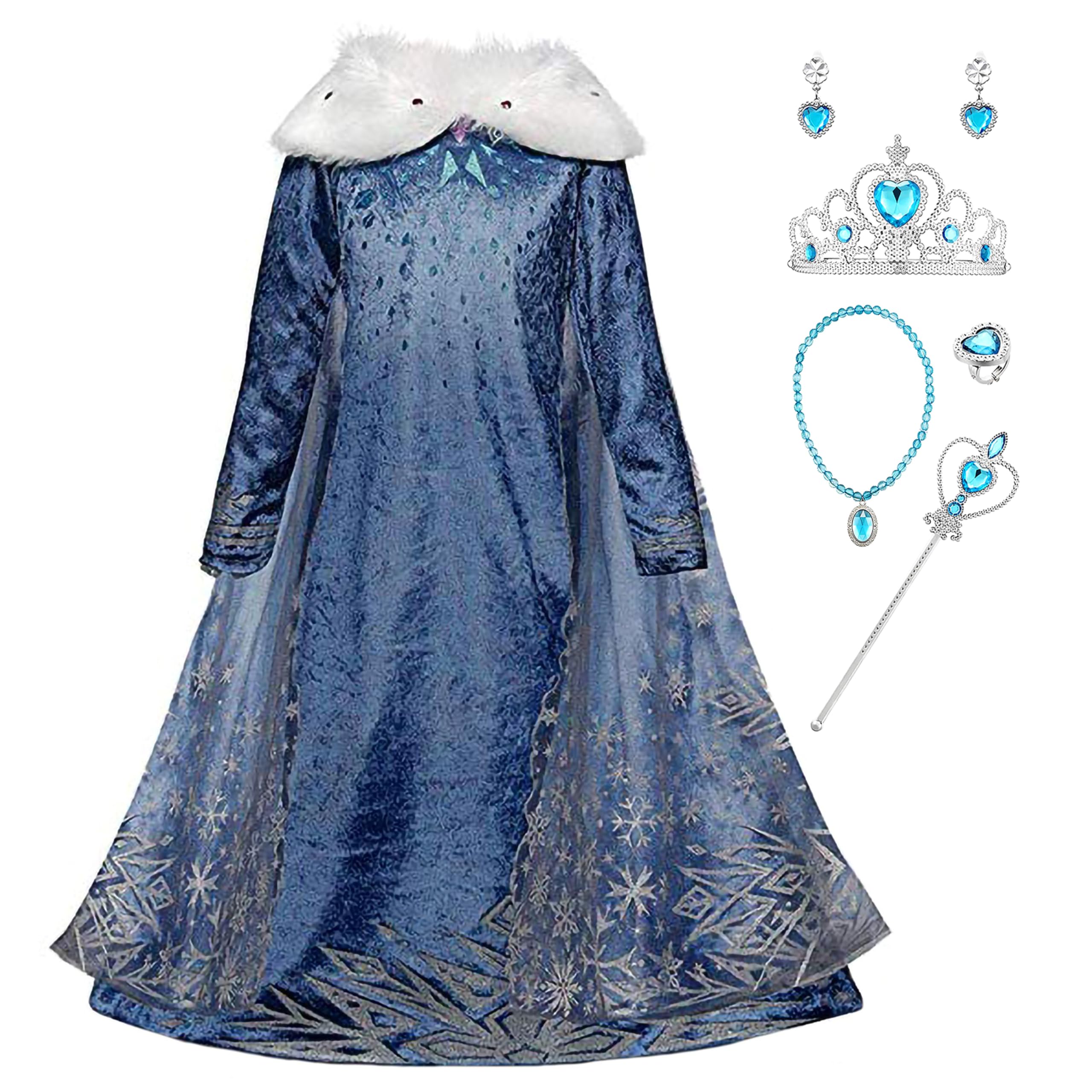 YOSICIL Niñas Cosplay Vestido de Princesa Elsa con Capa Vestido de Frozen Manga Larga Disfraz Azul Dulce Ceremonia de Fiesta Halloween Navidad 3-9 años 100-150cm,Azul 140