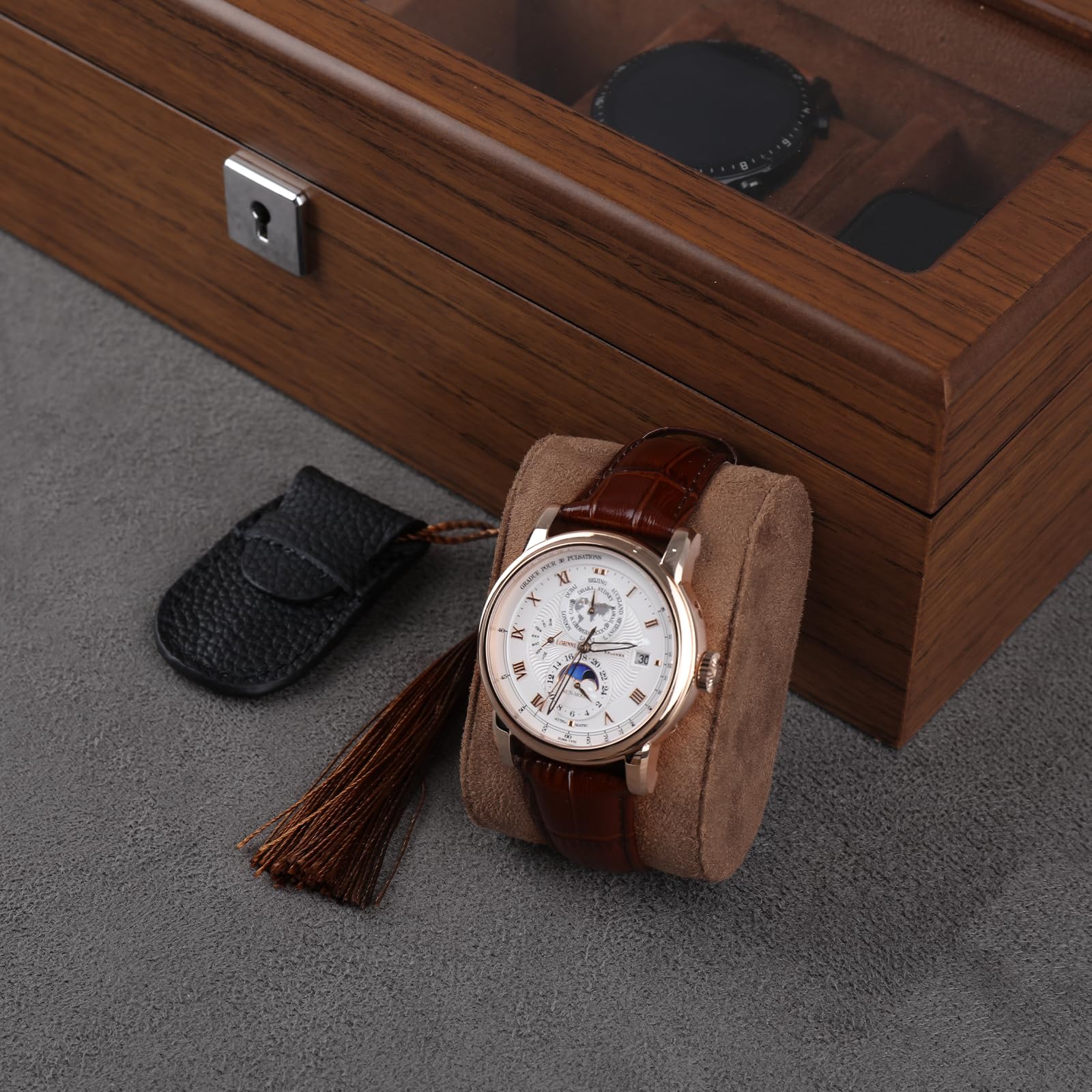Scatola per orologi da 8 orologi, con coperchio in vetro, custodia per orologi di alta qualità, organizer per orologi da uomo e ragazza
