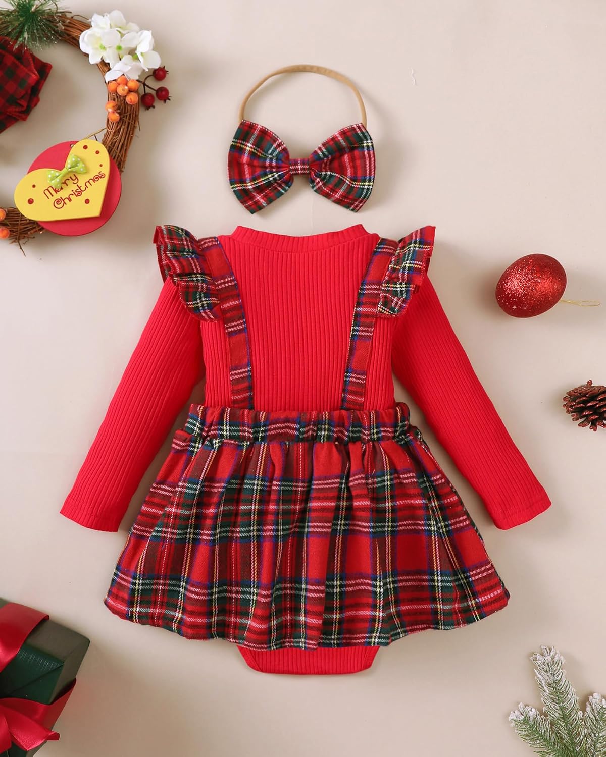 Baby Girl Clothes Sets: 2 Piece Long Sleeve Top Plaid Romper with Headband Fall Winter Outfit for Infant 0-24 Months - Image 3