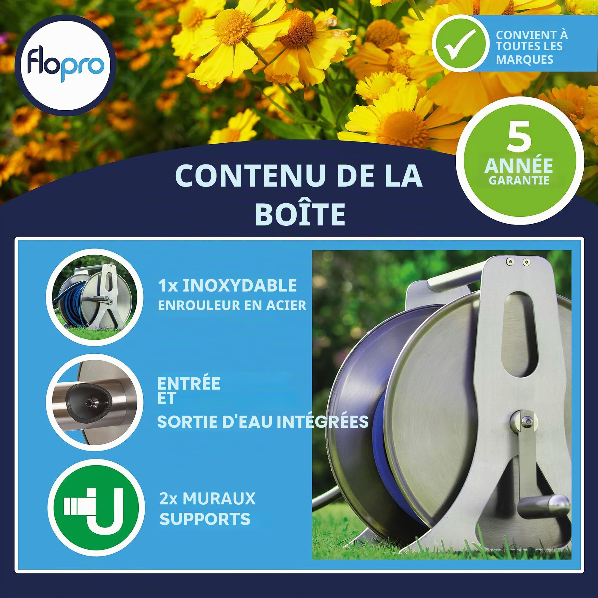 Enrouleur de Tuyau d'arrosage Professionnel en métal, Accessoire de Jardin Indispensable pour Un Rangement ordonné, Enrouleur de Tuyau d'arrosage Mural ou autoportant