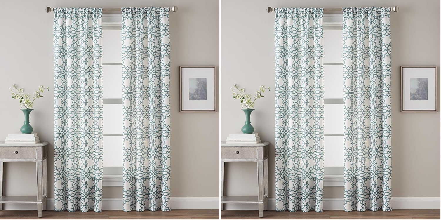 CHF Lotus Harmony Geometric Print Curtain Panel, 95 in, Seafoam (Pack of 2)