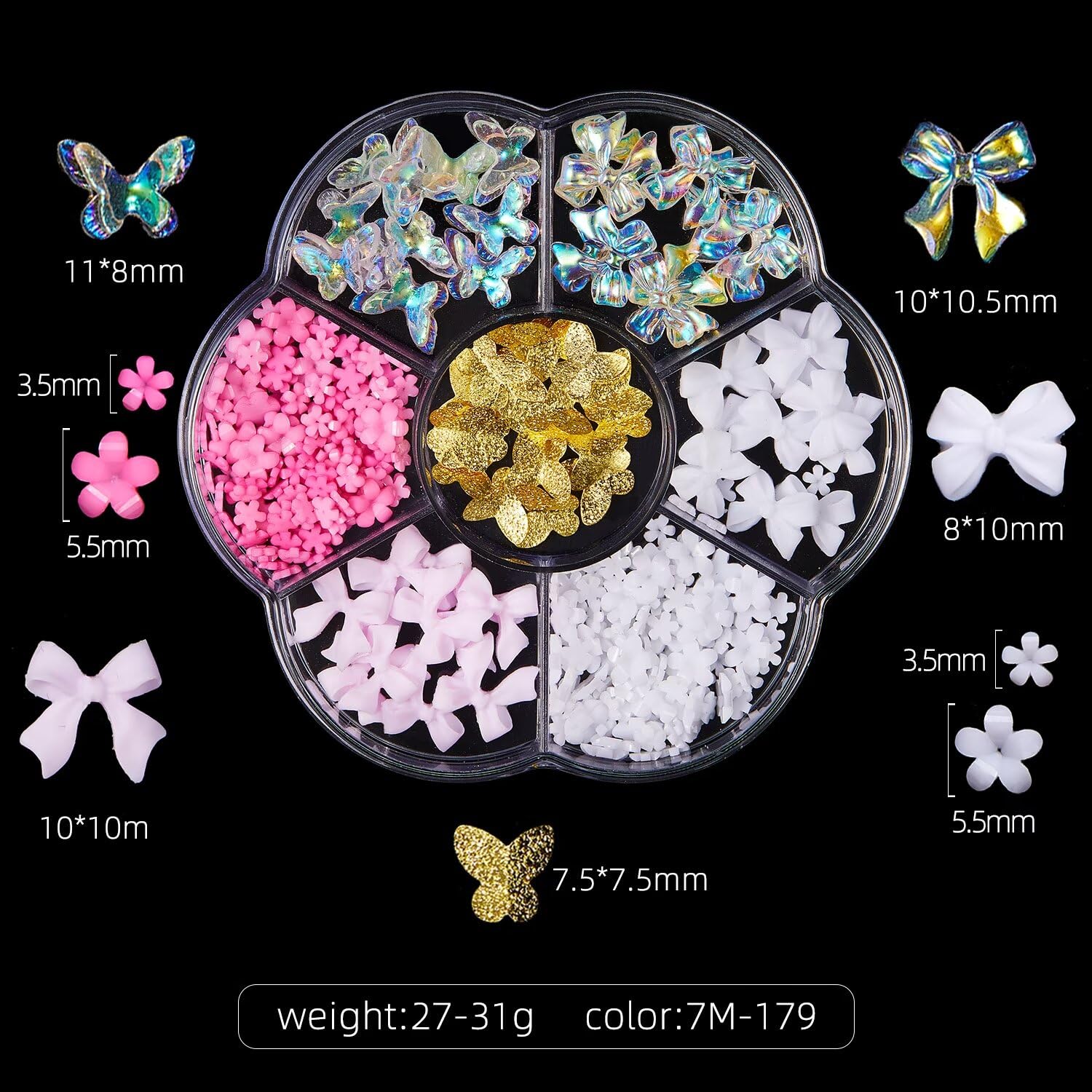 KARLOR Nail Charms Set,3D Flower Nail Decoration Pink Bow Nail Charms Butterfly Nail Art Decoration Resin Beads Acrylic Flower Nail Gems with Half Pearls for Acrylic Nail Art Accessories (7M-179) - Image 2