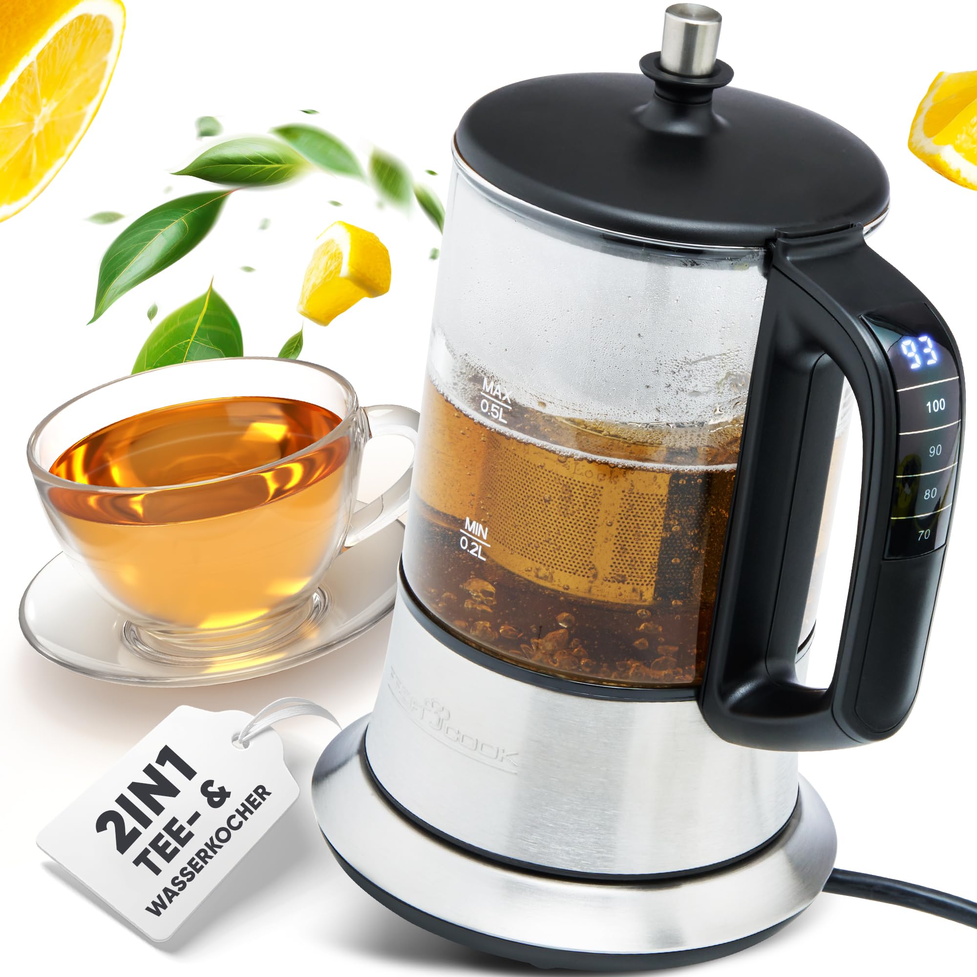 Profi Cook PC-TK 1165 1165-2 - Hervidor de agua y té (filtro permanente de acero inoxidable, 0,5 L, función de mantenimiento en caliente, carcasa de cristal y acero inoxidable), color negro y plateado