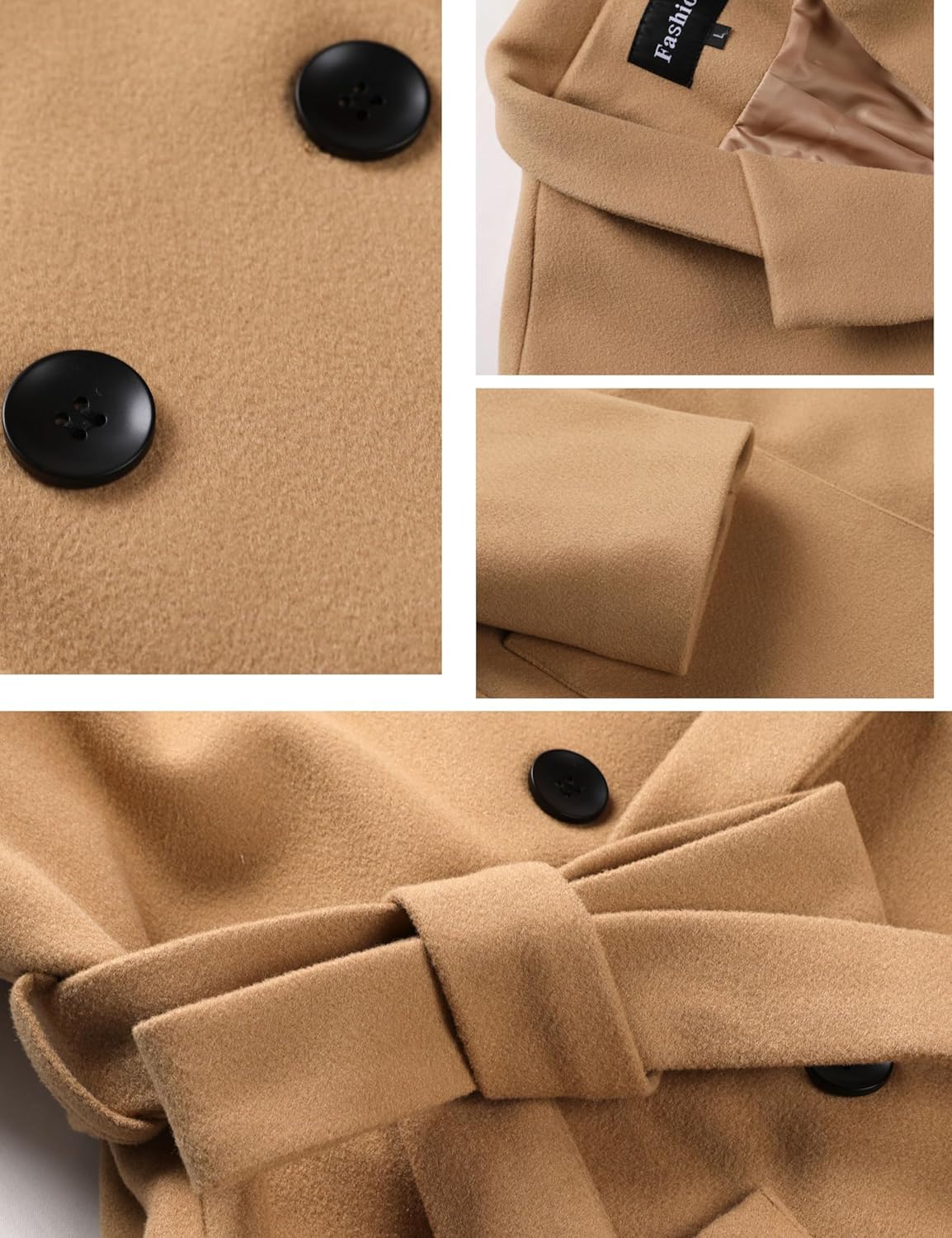 Hooever Women's Double Breasted Wool Blend Coat Winter Notched Lapel Belted Peacoat Mid Long Jacket - Image 6