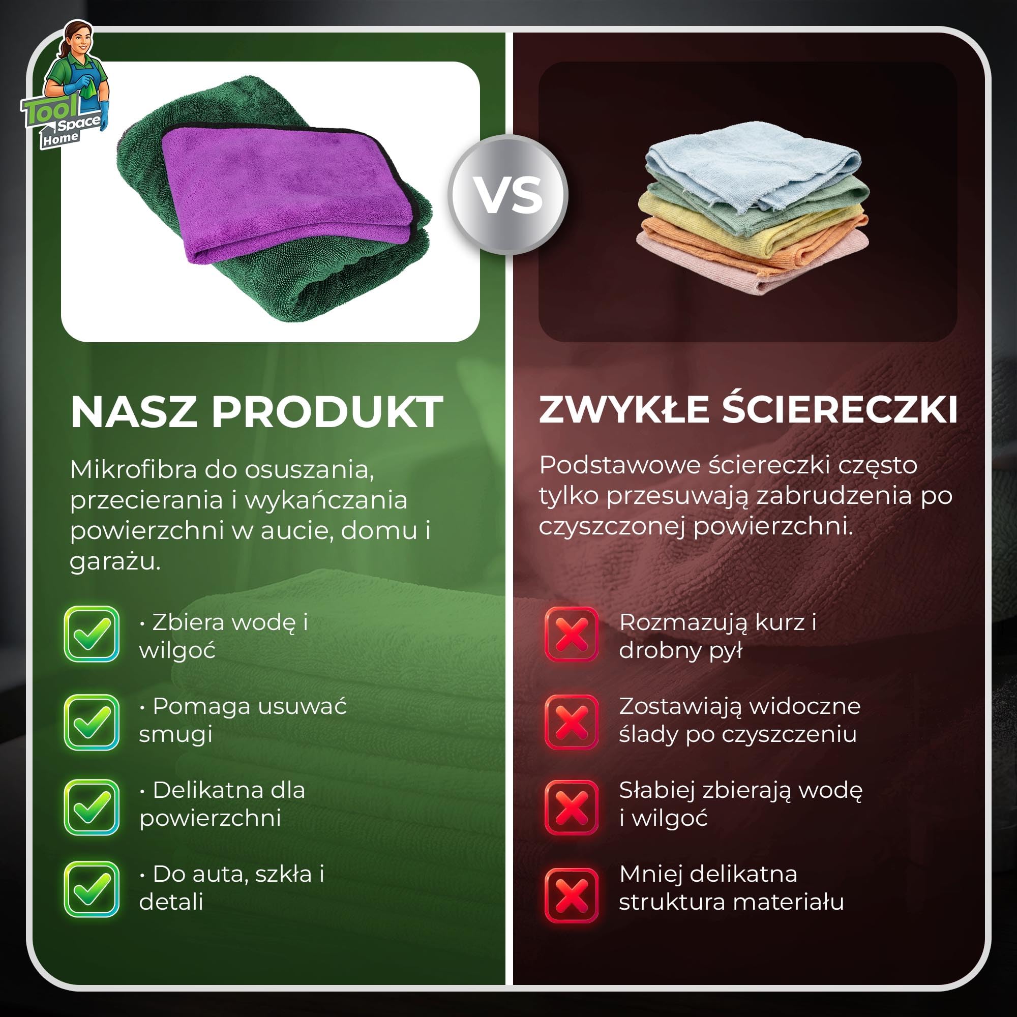 ToolSpace Zestaw Ręczników Samochodowych z Mikrofibry 60x90cm 1300gsm i 38x46cm 600gsm 2 szt. do Osuszania Auta Lakieru Szyb Detailingu Chłonne Miękkie Wielorazowe Bez Smug Premium Mikrofibra i Wosku