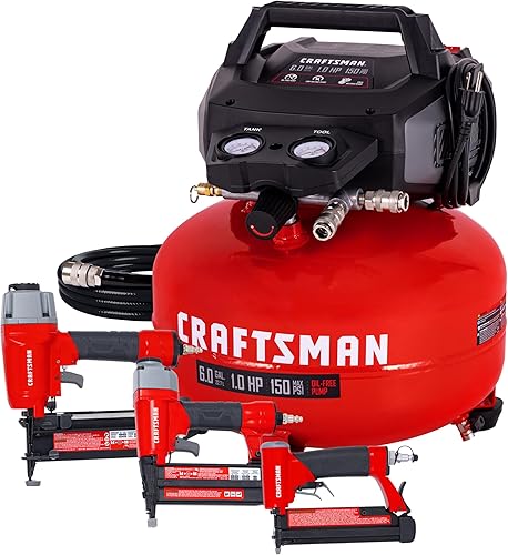 Craftsman Compresor de aire para panqueques de 6 galones, kit combinado de 4 herramientas, 150 PSI, sin aceite, incluye clavadora de acabado 16GA,