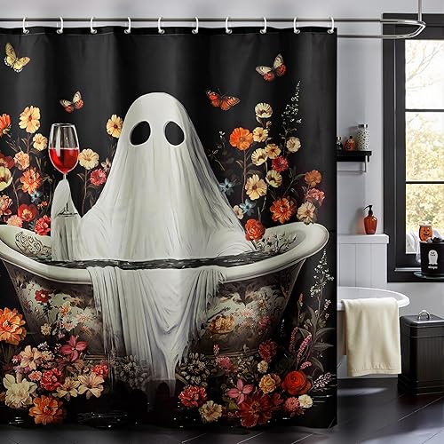Miniatura 5 de MelonBoat Cortina de ducha de Halloween juego de cortina de ducha rústica de fantasma, divertidas decoraciones de baño para decoración de interiores