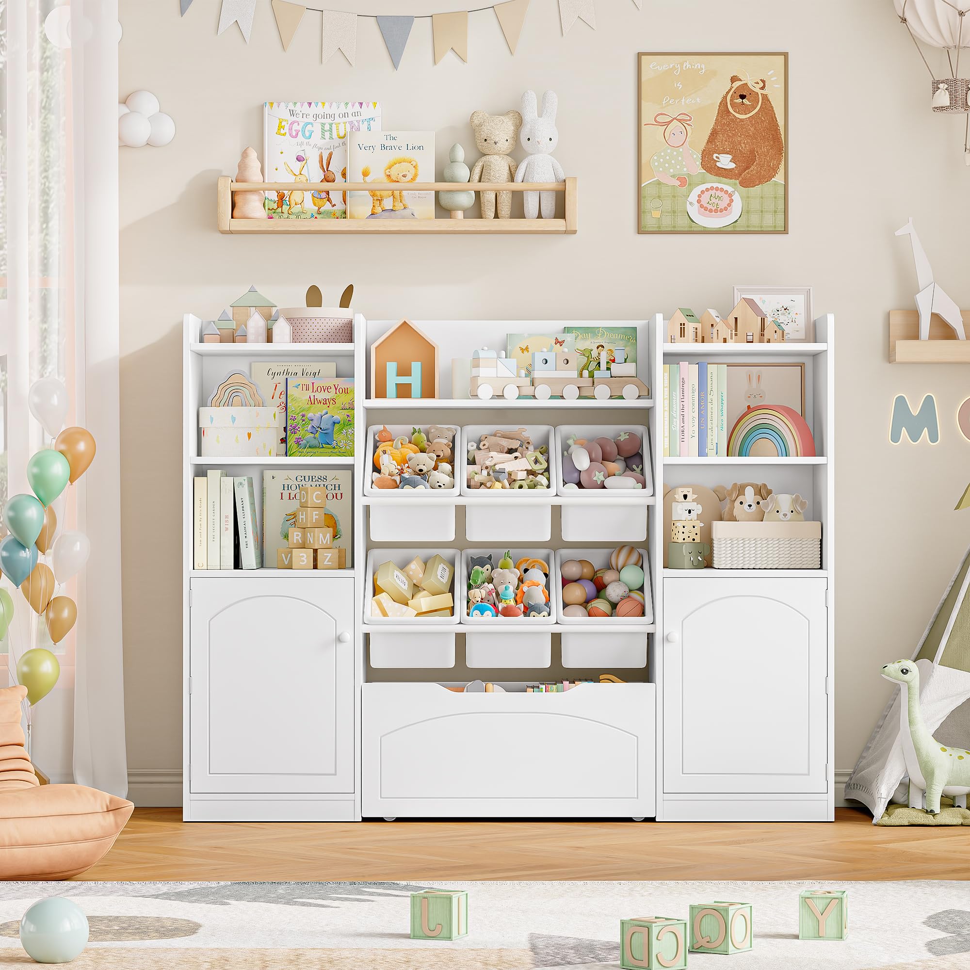 FOREHILL Libreria Montessoriana per Bambini, Porta Giochi Bambini a 6 Scatole, Organizer Giocattoli a Ripiani Regolabile, 7 Scomparti Aperti, per Cameretta e Sale Giochi, 140,5x33x108,2 cm, Bianco