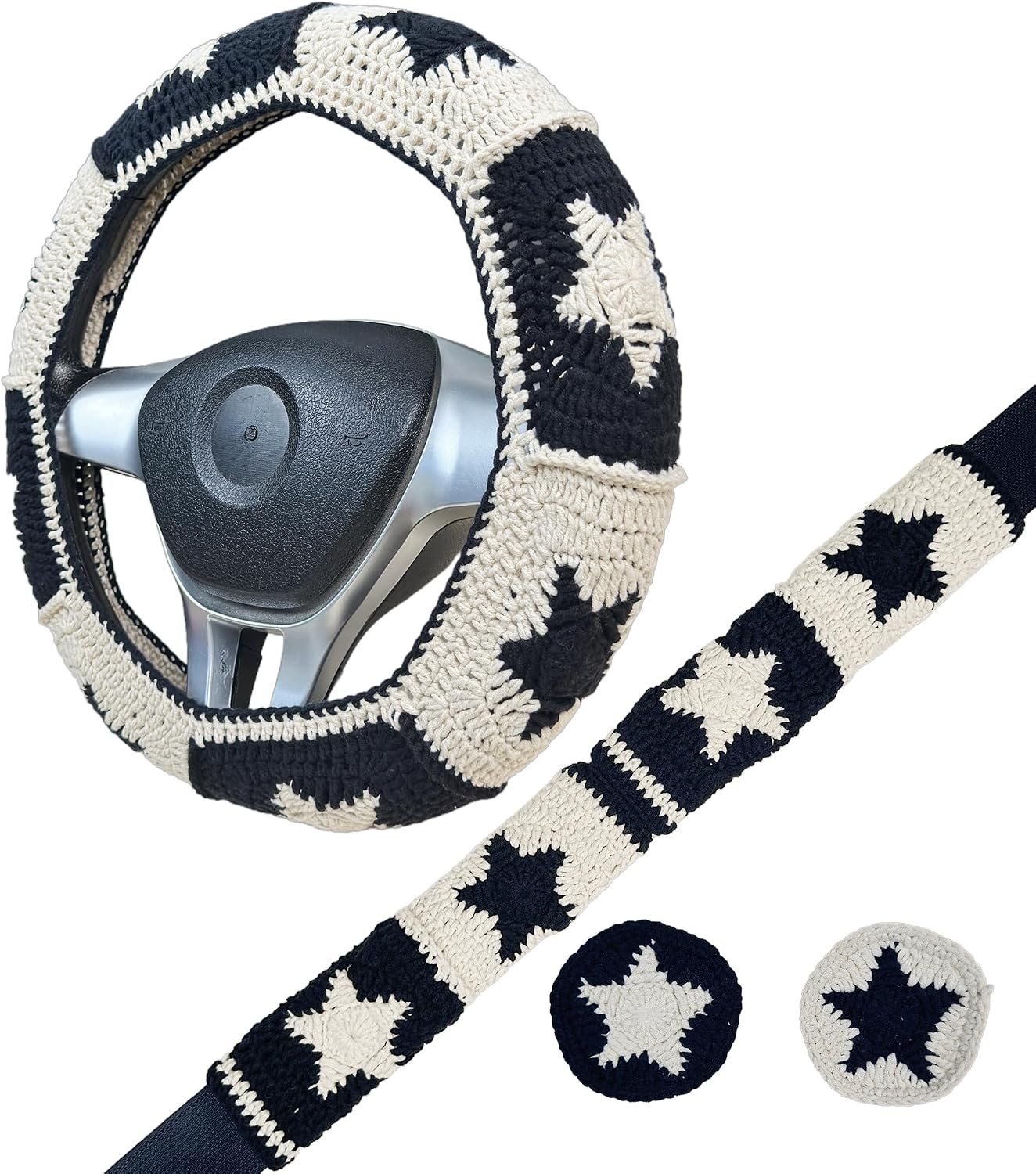Handmade Crochet Black and White Star Steering Wheel Covers Universal 14-15 inch for Women and Men,New Car Gift,Handmade Gift