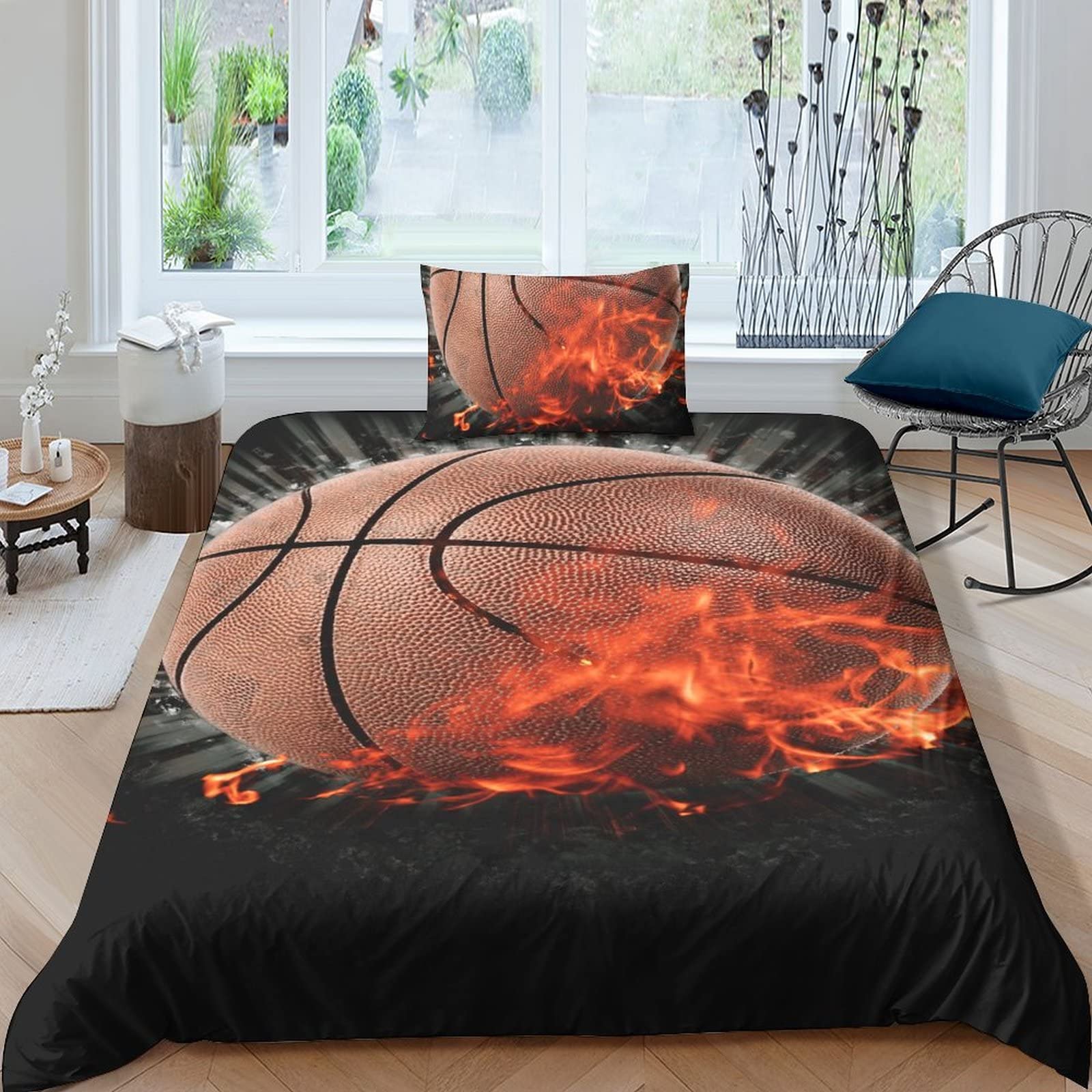 Parure de lit basketball pour chambre d'ado motif sport 3D avec housse de couette zippée