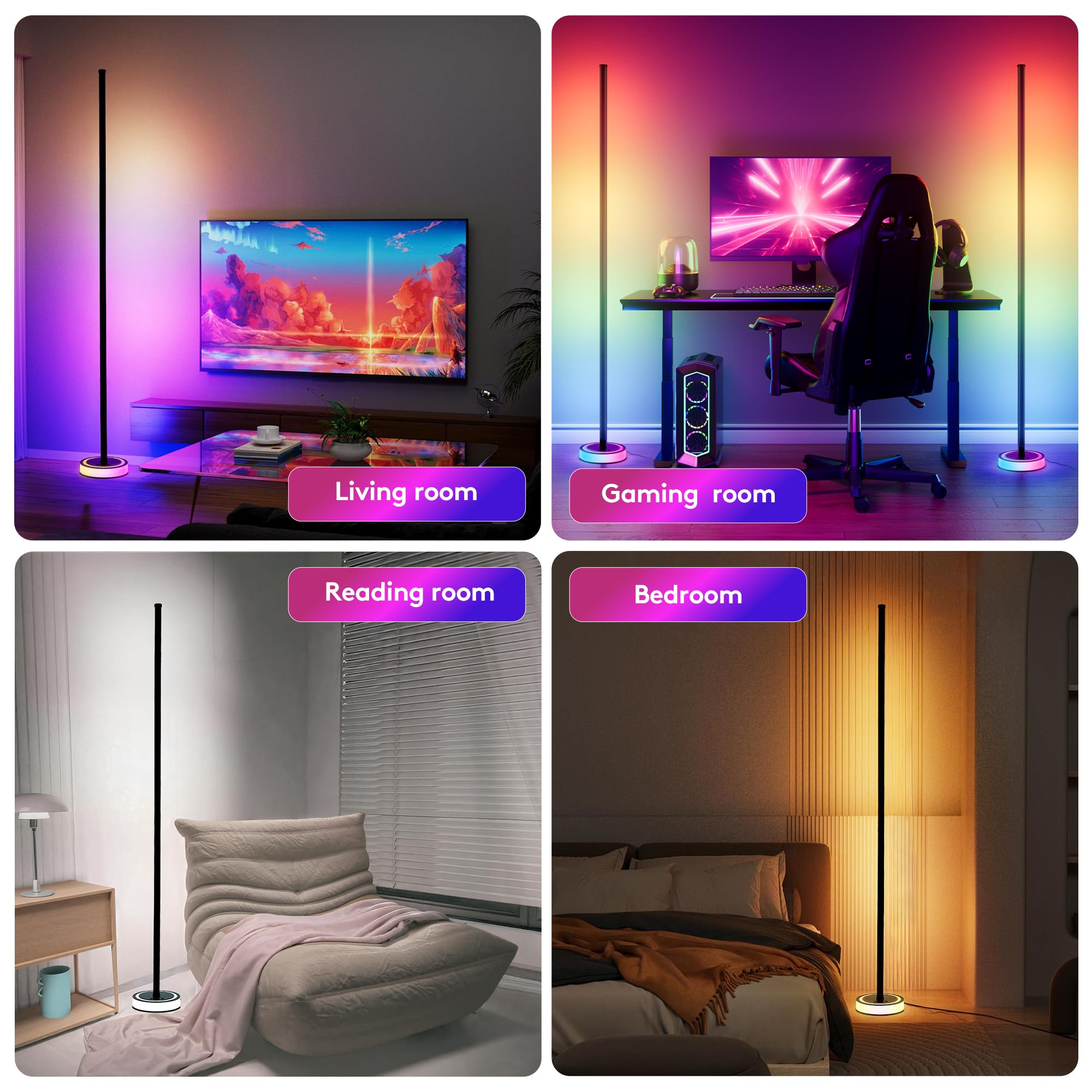 Inteligentna narożna lampa podłogowa LED, 150 cm, RGBICW, zmieniające kolor oświetlenia otoczenia, sterowanie aplikacją, synchronizacja muzyki, nastrojowe światło, nowoczesna ściemniana