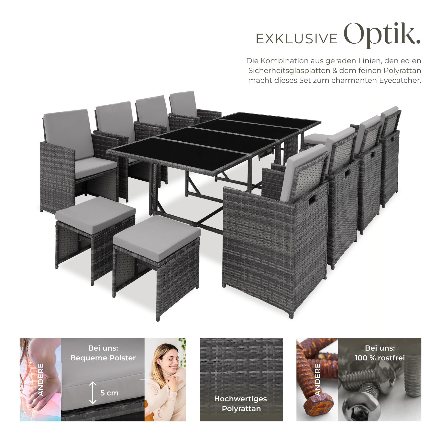 tectake Gartenlounge Set, Polyrattan Gartenmöbel Set, 8+4+1 Sitzgruppe, 8 Stühle 4 Hocker 1 Tisch, Balkon Möbel als Würfel verstaubar, für Garten, Balkon, Terrasse - grau/hellgrau